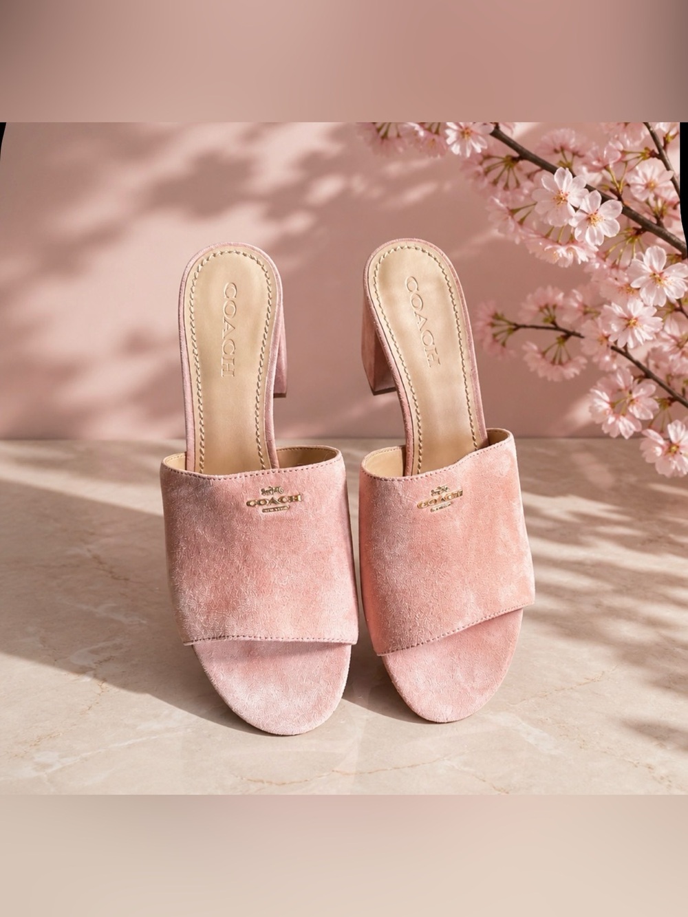 COACH Pink Suede Open Toe Slide Mules with Gold Logo
